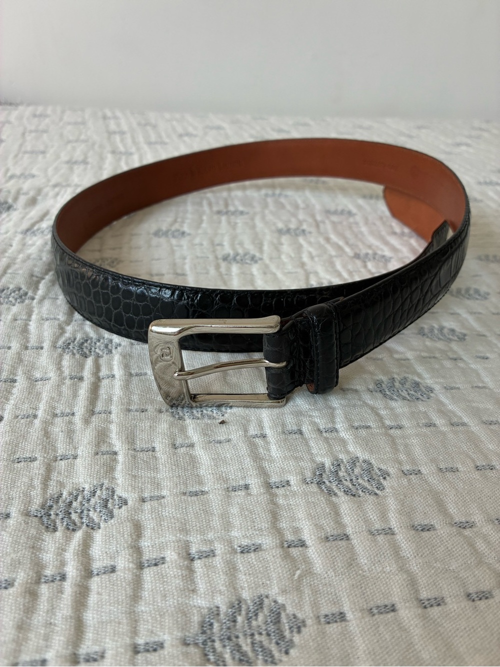 Polo Ralph Lauren Black Croc-Embossed Leather Belt with Silver Buckle